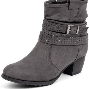Gray Women's Round Toe Slouchy Mid Calf Boots Low Heel Jeweled Strap